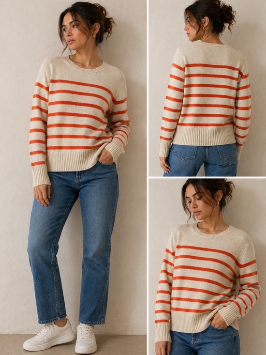 Olsen Sweaters - OLSEN “Henny” Striped Crewneck Sweater in Cream and Orange